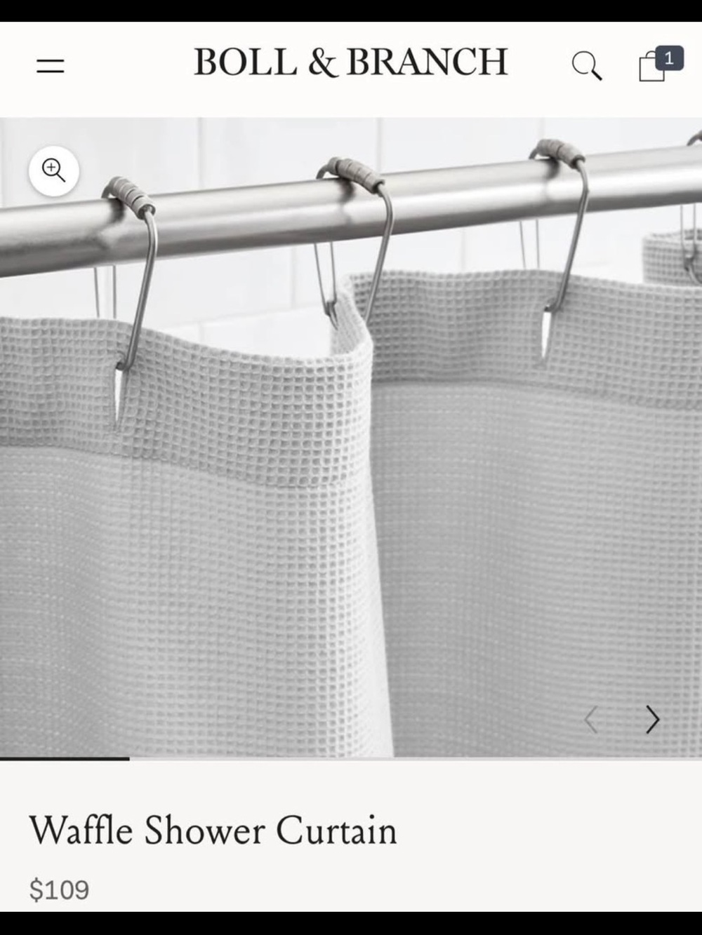 New without tags Boll & Branch Waffle Shower Curtain in pale pewter